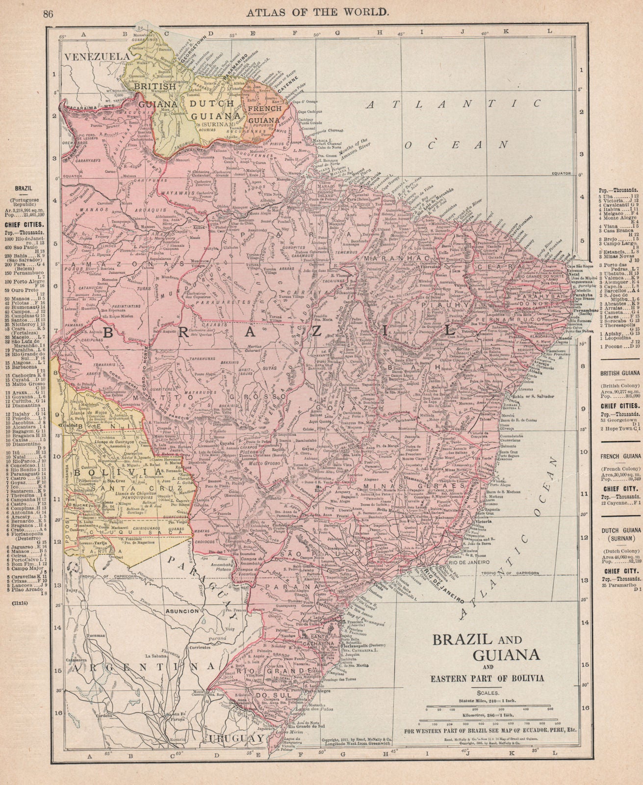 Brazil, the Guianas & eastern Bolivia. RAND MCNALLY 1912 old antique map chart